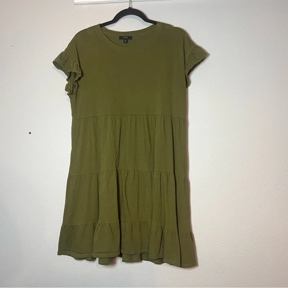 J. Crew Mini Dress Olive Green Tiered Cotton Short Sleeve Size Medium